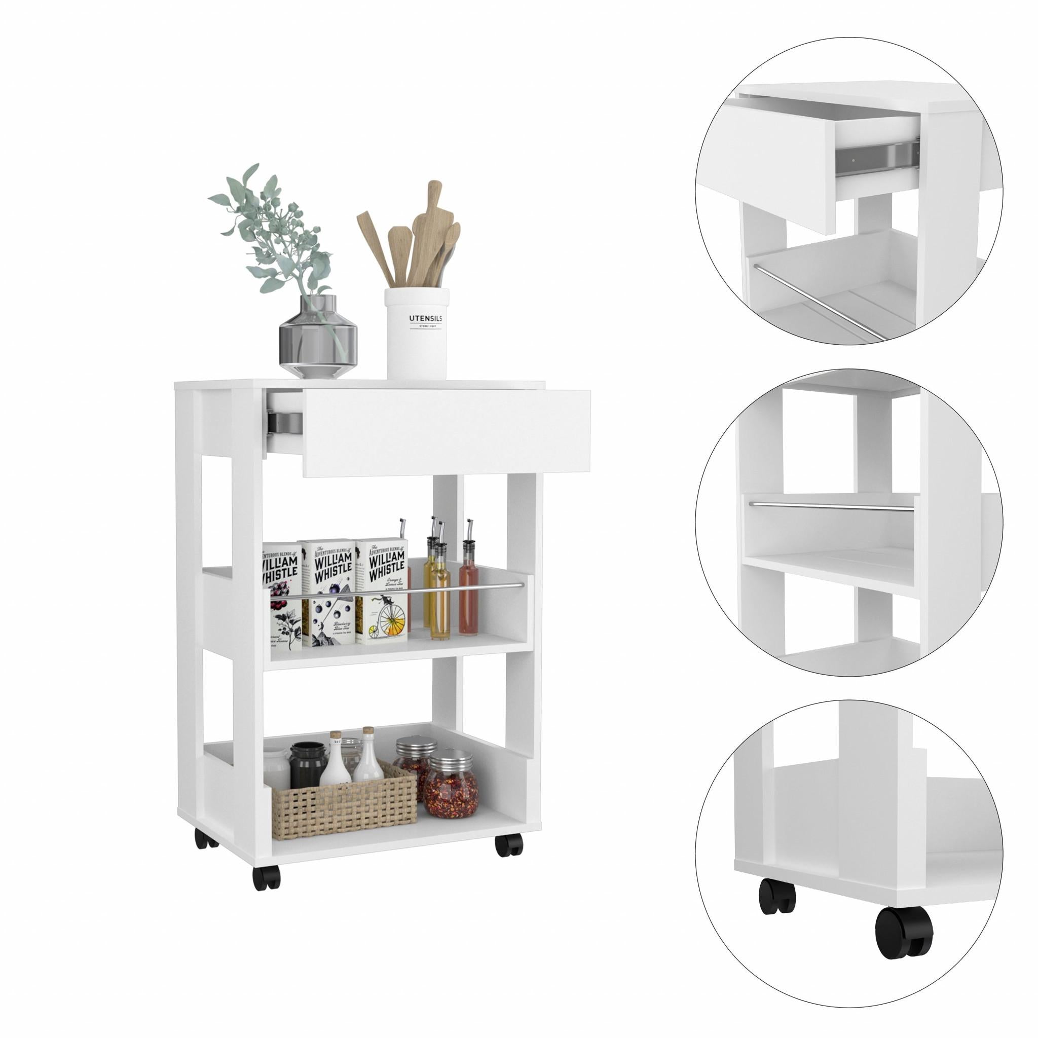 White Kitchen Cart with Storage Drawer