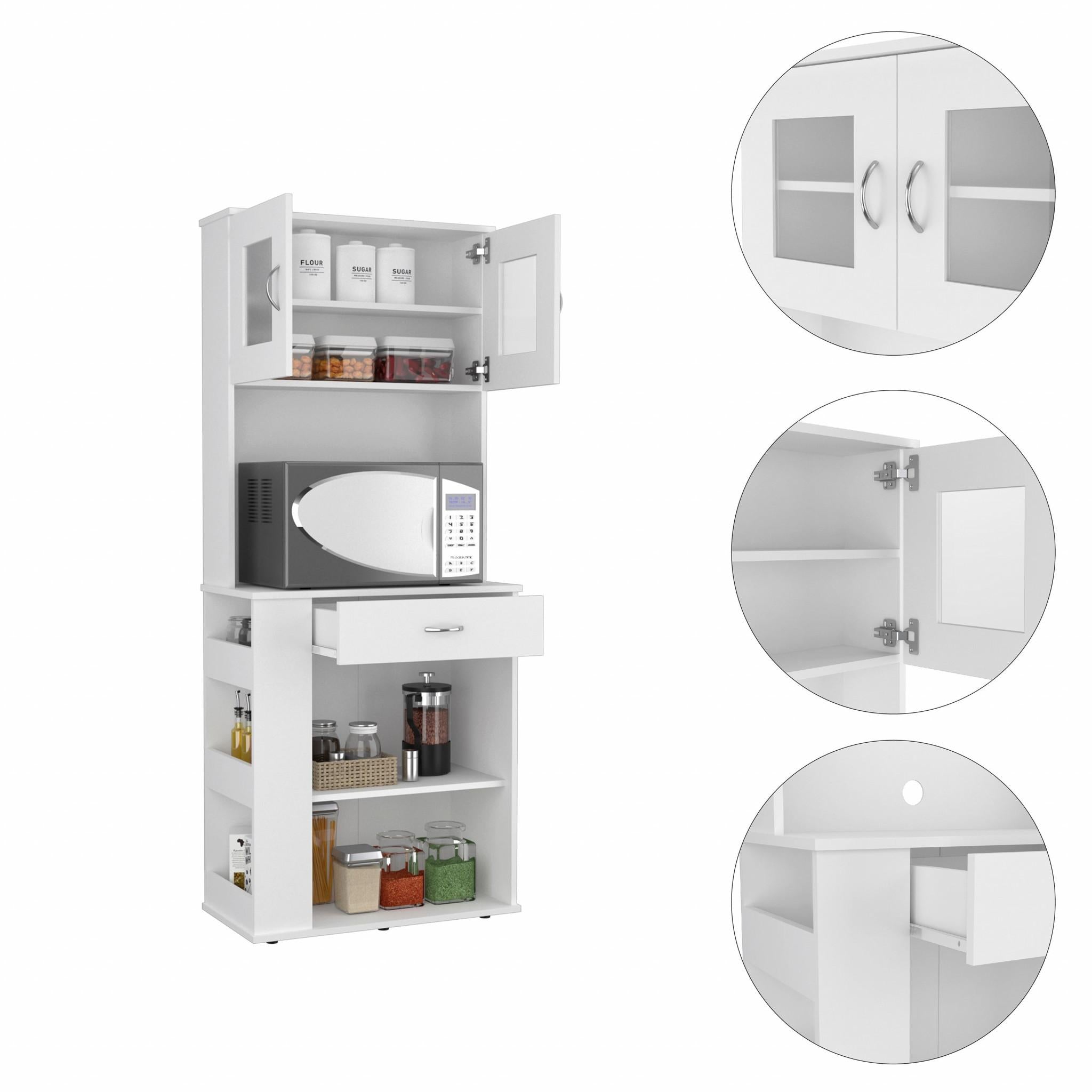 White Pantry Cabinet with Two Door Panels and Side Open Shelves
