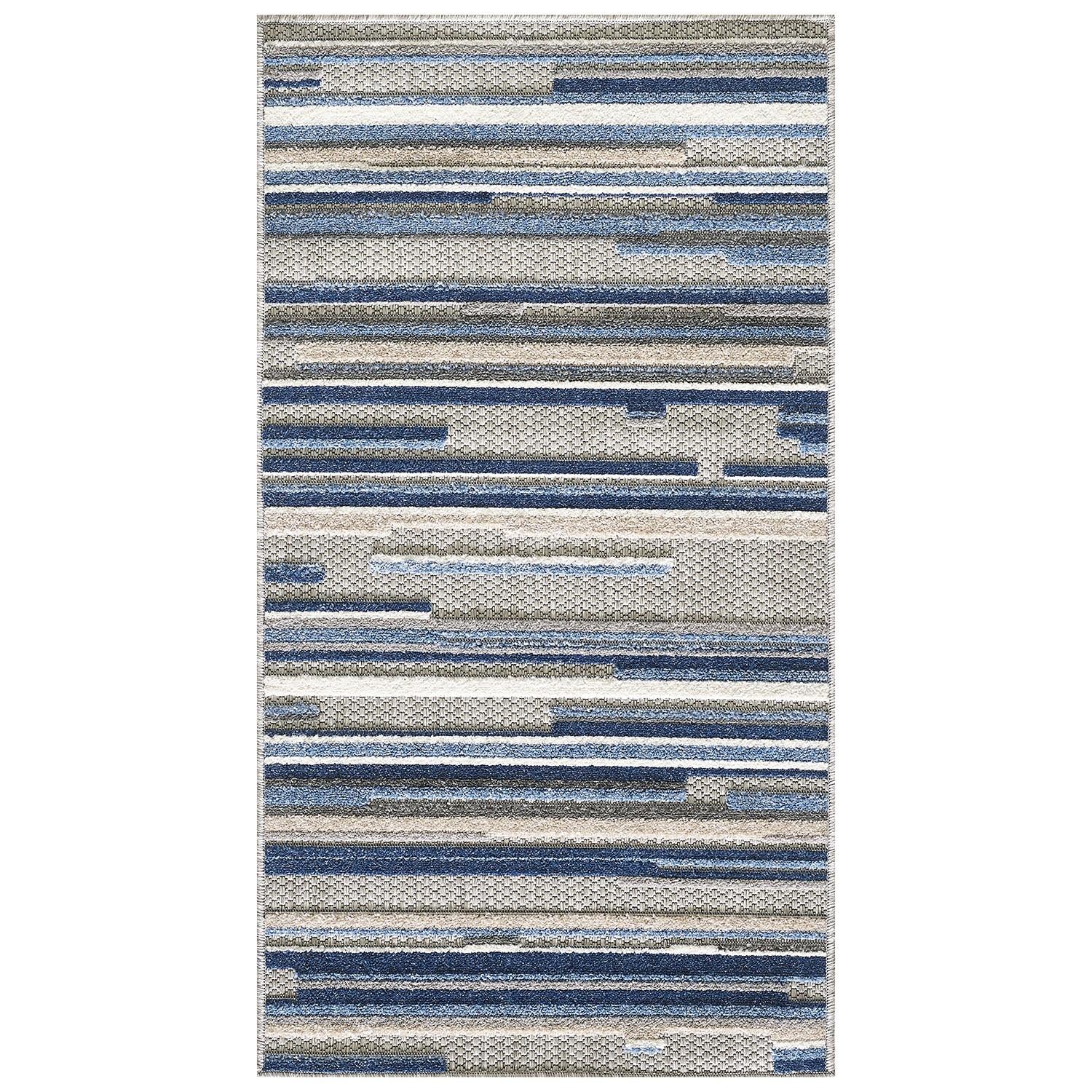 2’ x 4’ Blue Abstract Striped Indoor Outdoor Area Rug