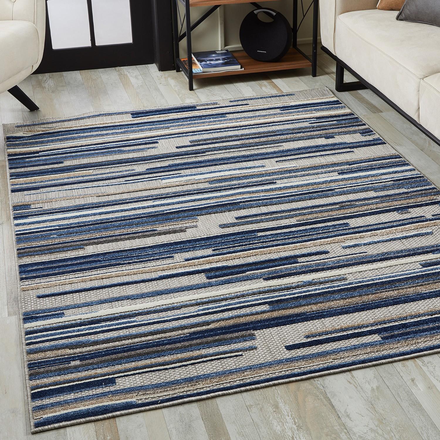 2’ x 4’ Blue Abstract Striped Indoor Outdoor Area Rug