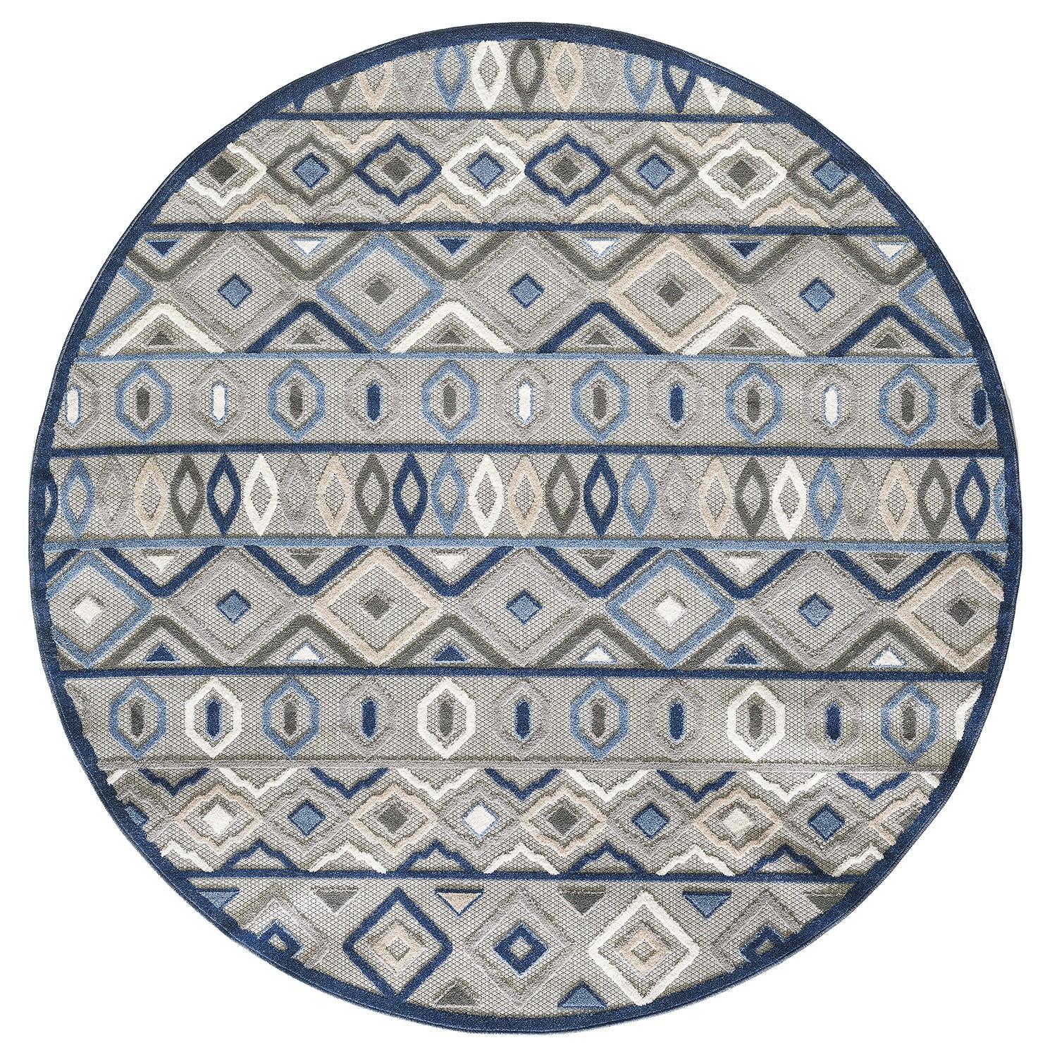 8’ Round Gray Blue Aztec Pattern Indoor Outdoor Area Rug