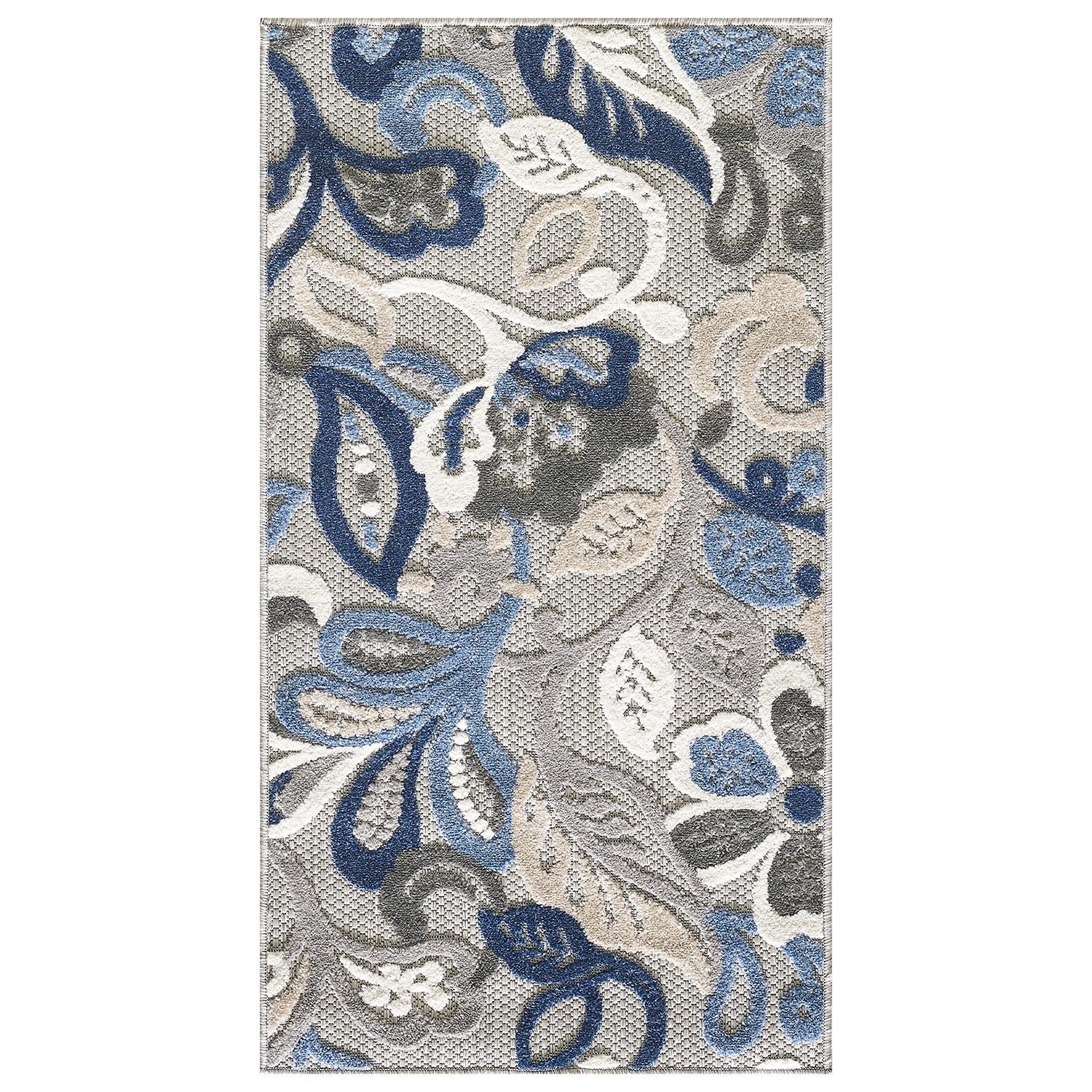 5’ x 7’ Blue Gray Jacobean Floral Indoor Outdoor Area Rug