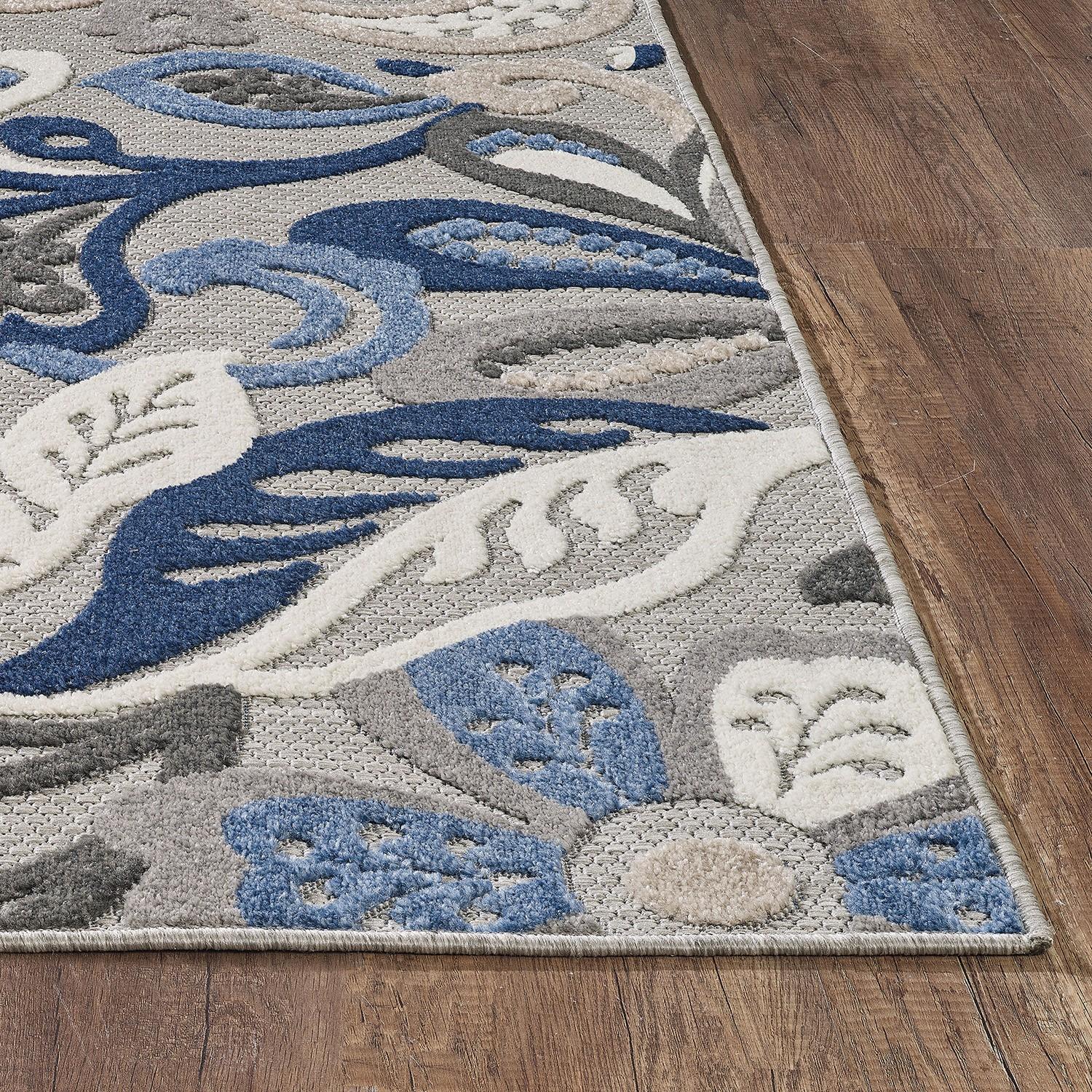 5’ x 7’ Blue Gray Jacobean Floral Indoor Outdoor Area Rug