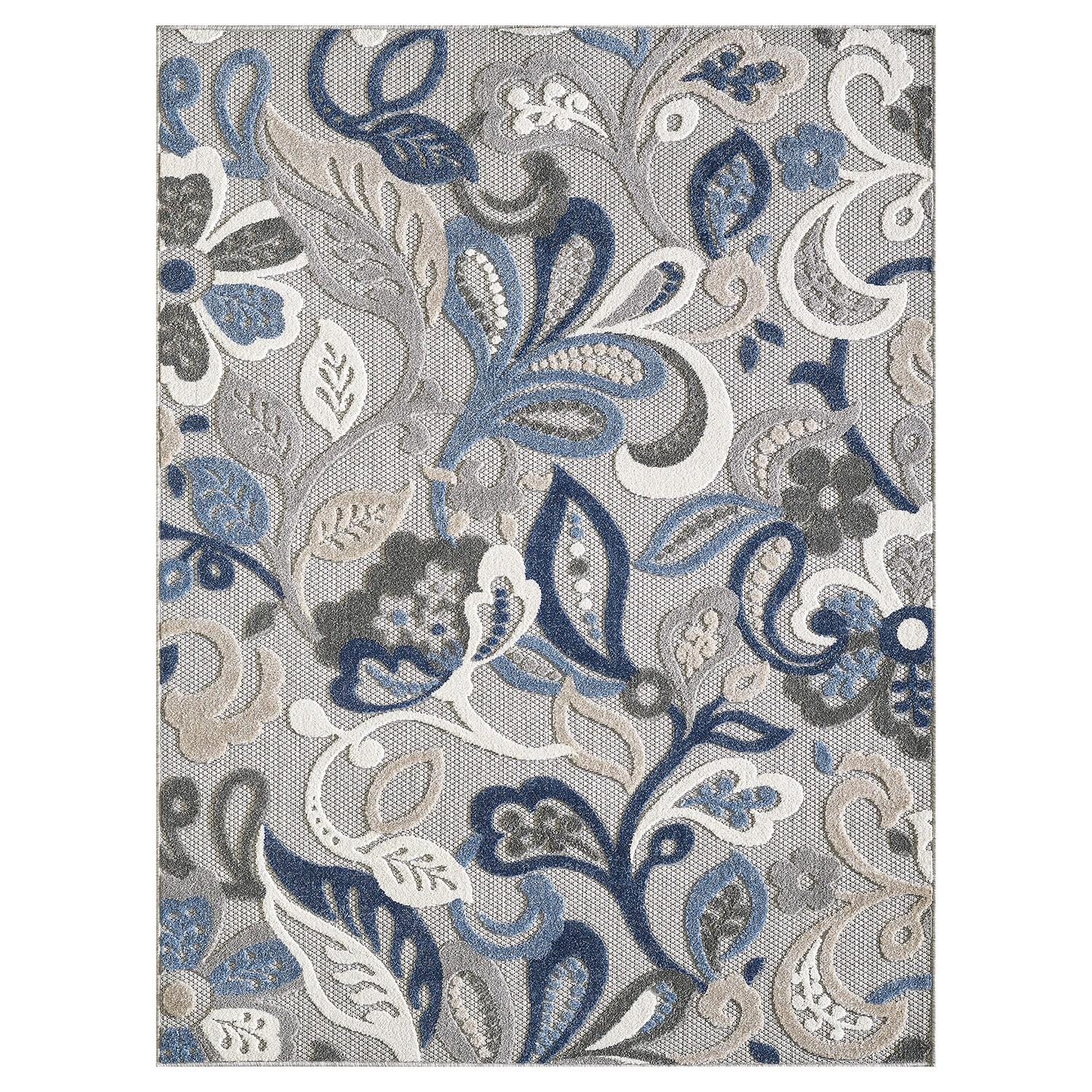 8’ x 10’ Blue Gray Jacobean Floral Indoor Outdoor Area Rug