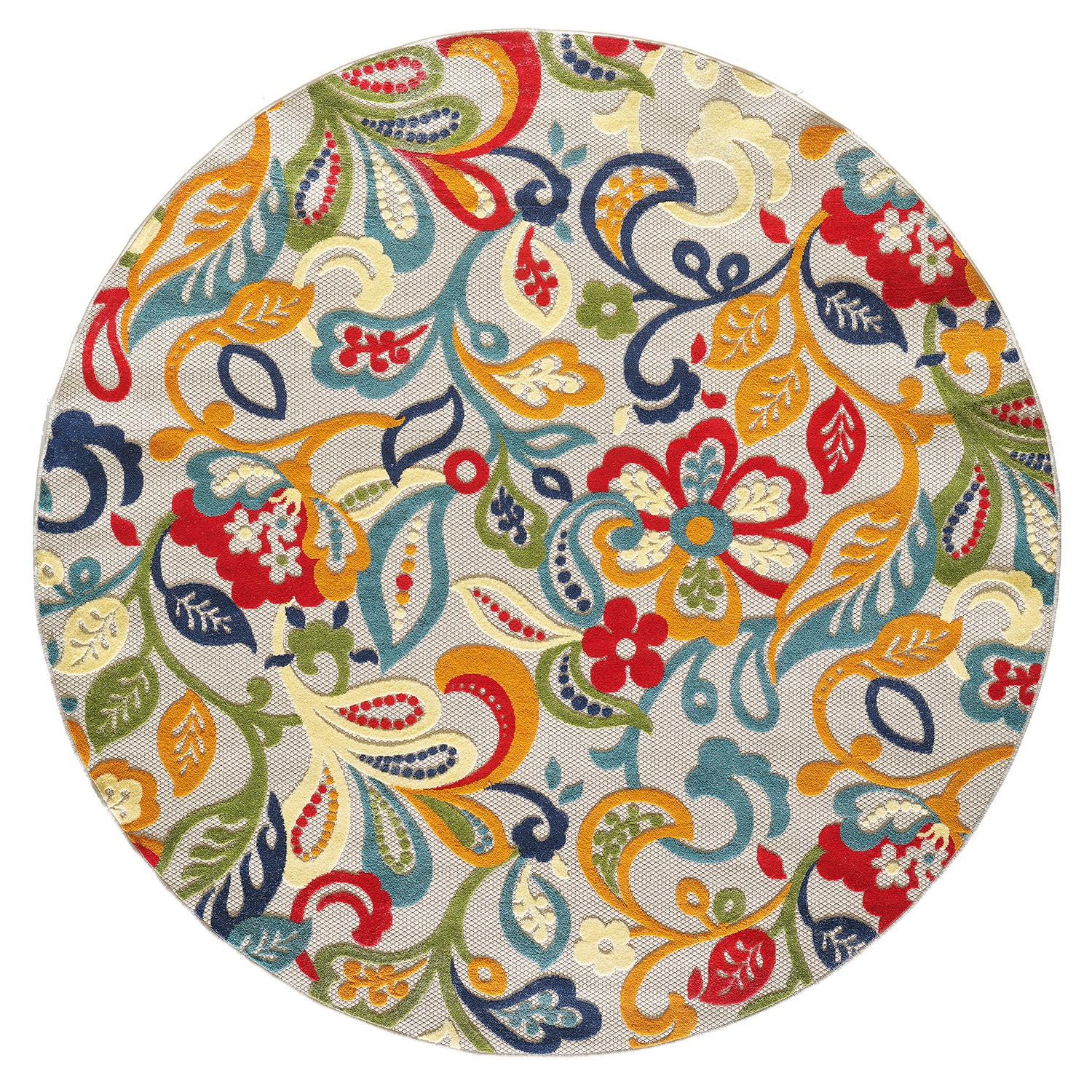 8’ Round Multicolor Jacobean Floral Indoor Outdoor Area Rug Default Title