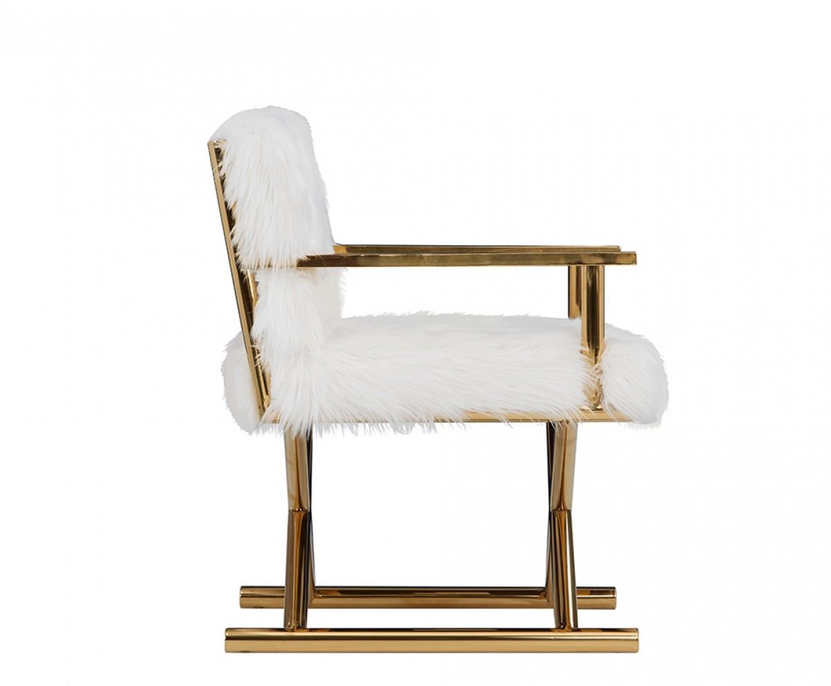 Stylish White Faux Fur And Gold Steel Chair