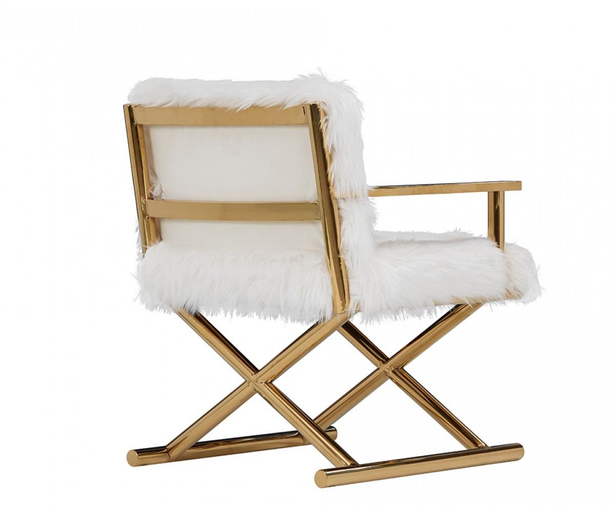 Stylish White Faux Fur And Gold Steel Chair