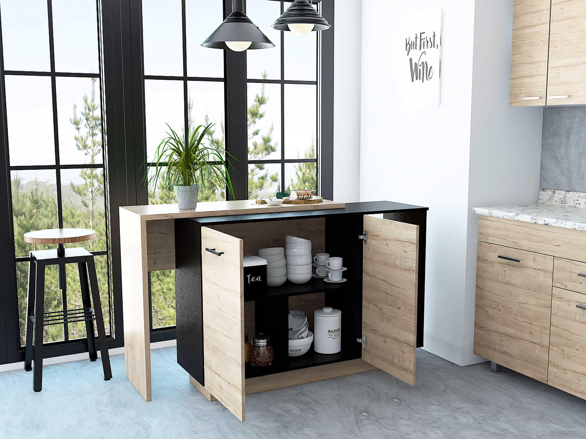 Black and Light Oak Contemporary Kitchen Island with Bar Table