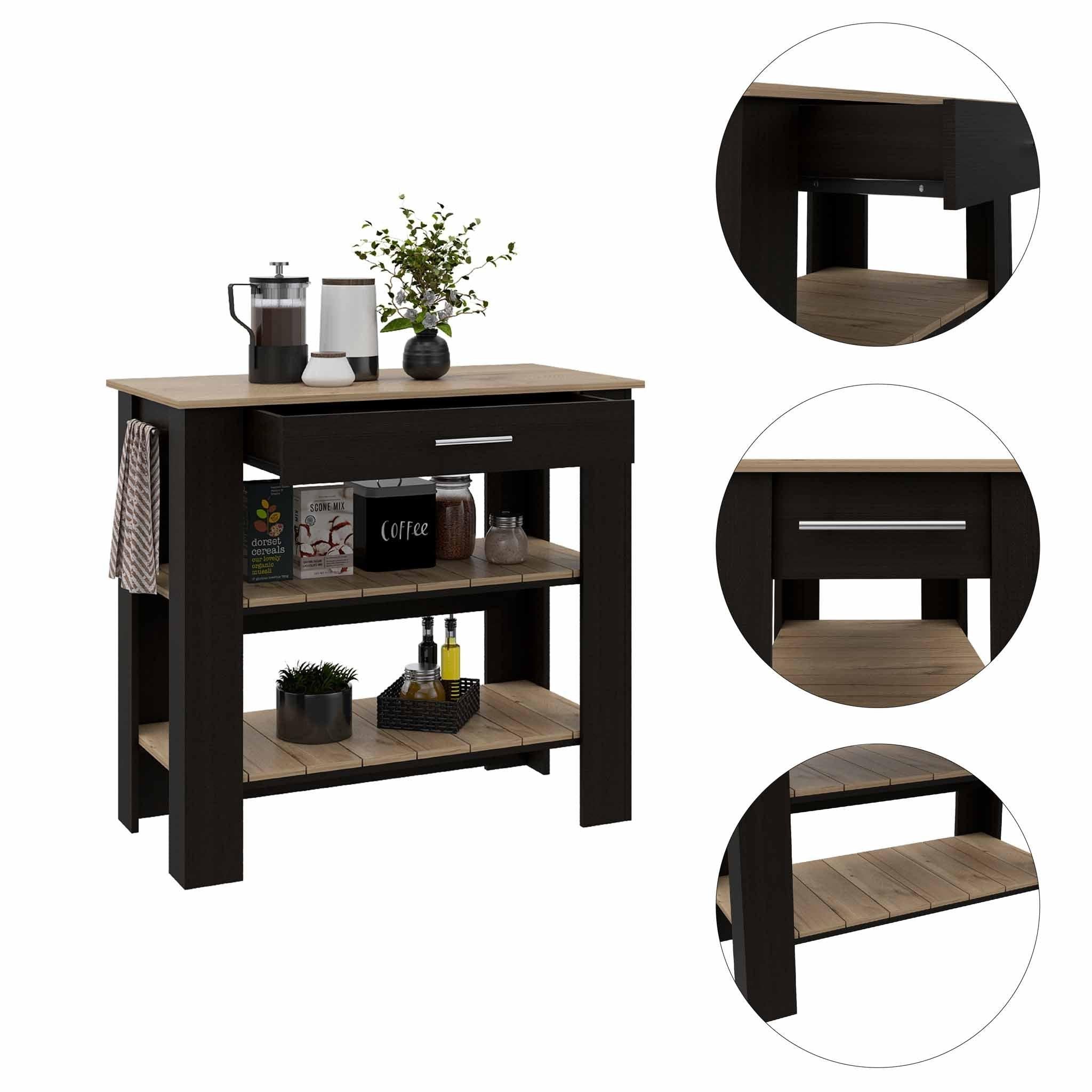 Light Oak and Black Kitchen Island with Drawer and Two Open Shelves