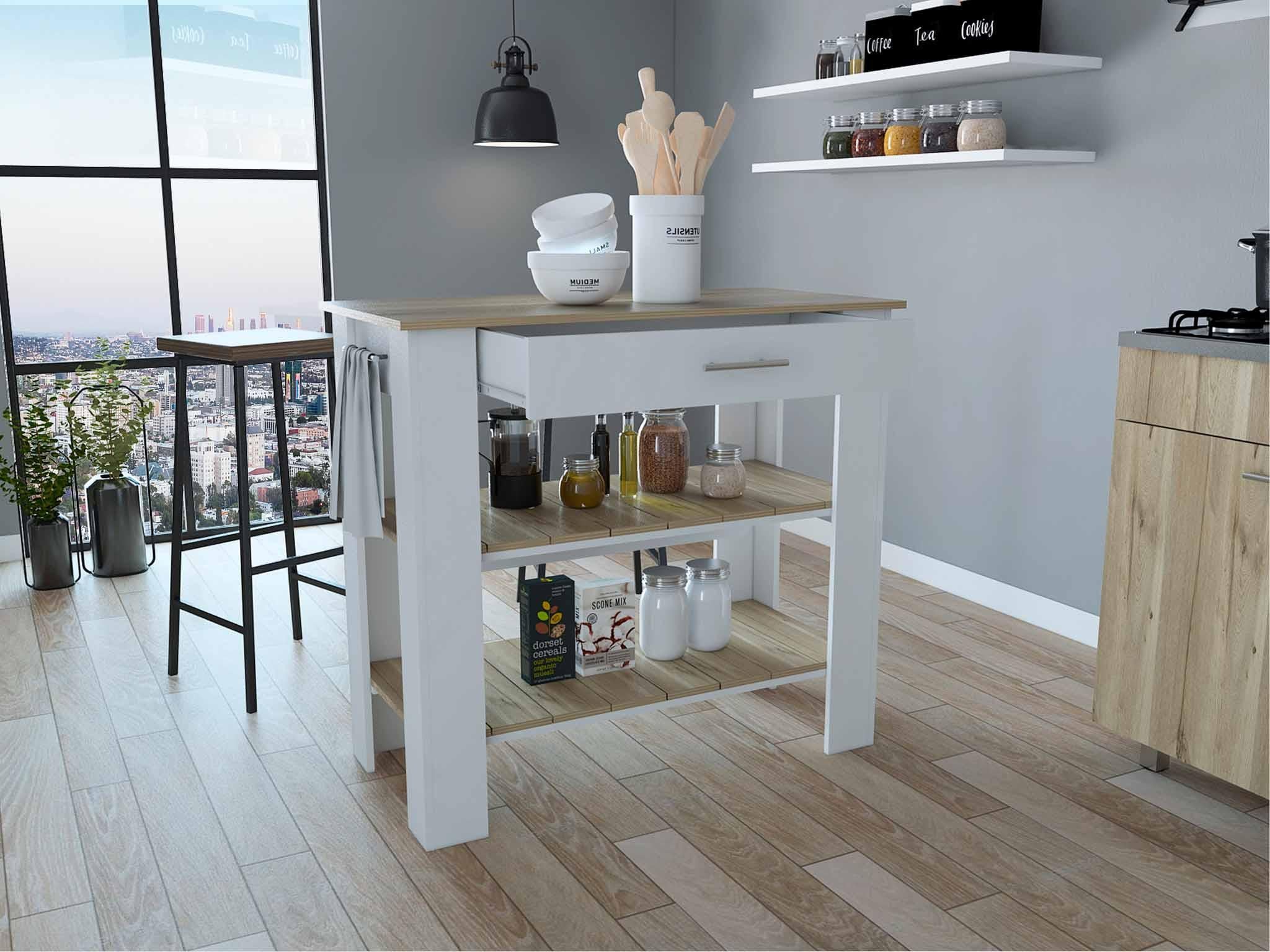 Light Oak and White Kitchen Island with Drawer and Two Open Shelves