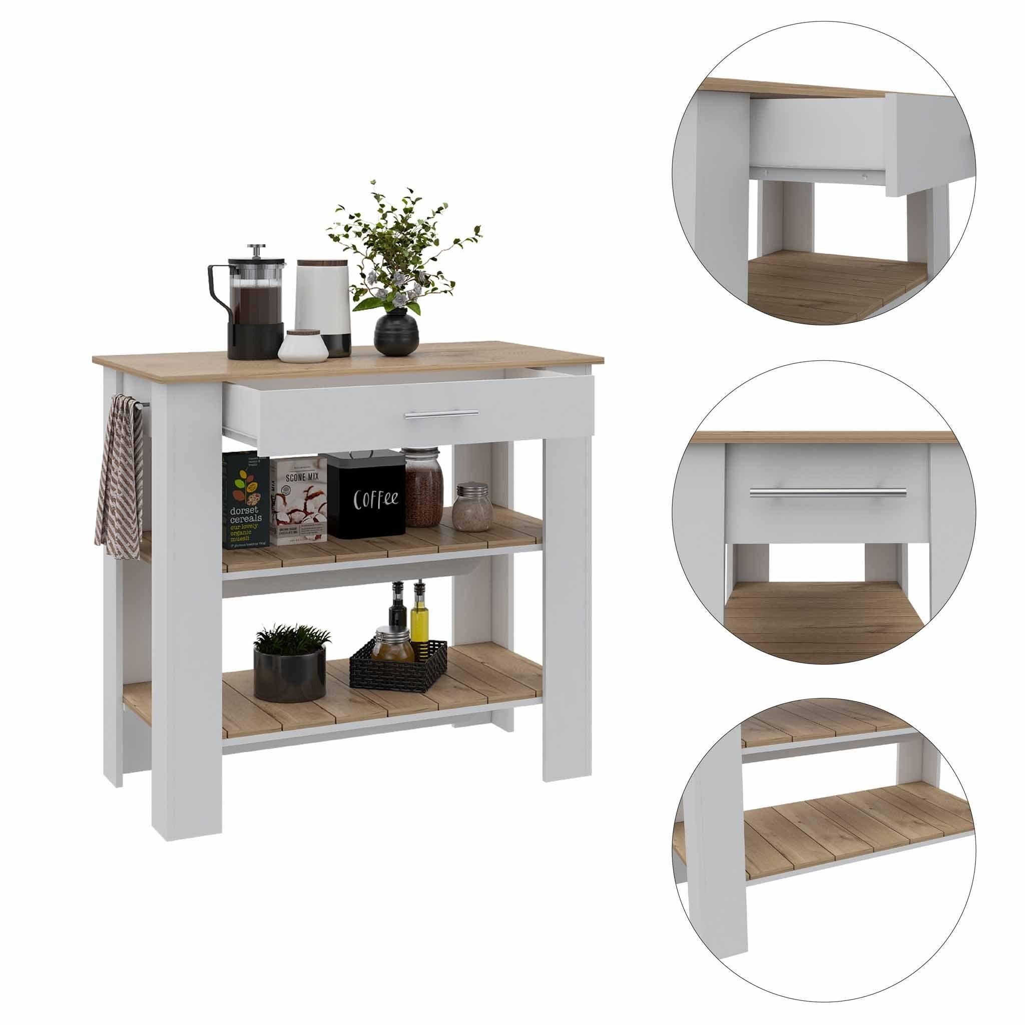 Light Oak and White Kitchen Island with Drawer and Two Open Shelves