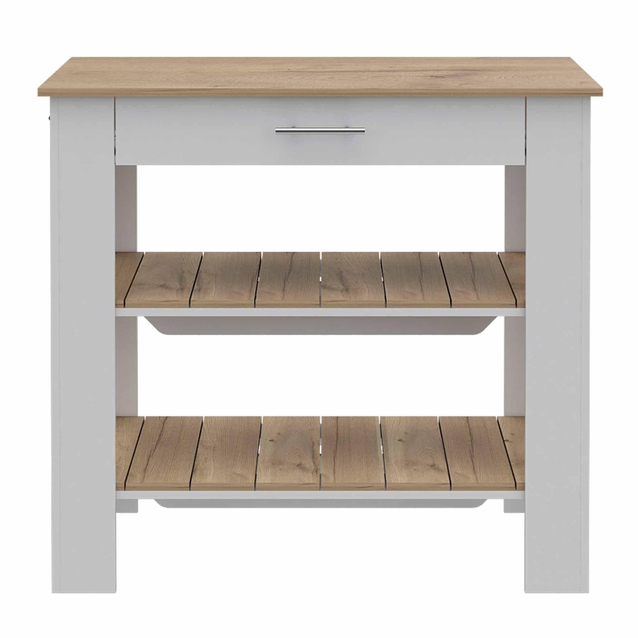 Light Oak and White Kitchen Island with Drawer and Two Open Shelves