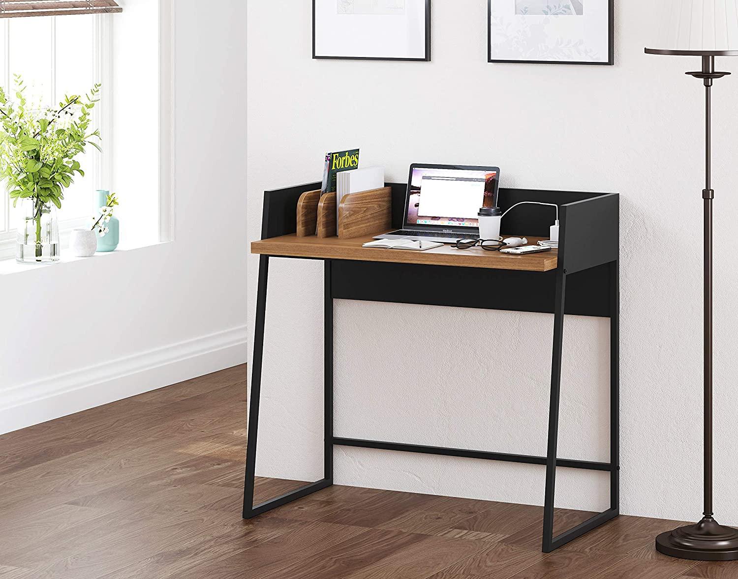 Contemporary Brown and Black Computer And Writing Desk with USB Port