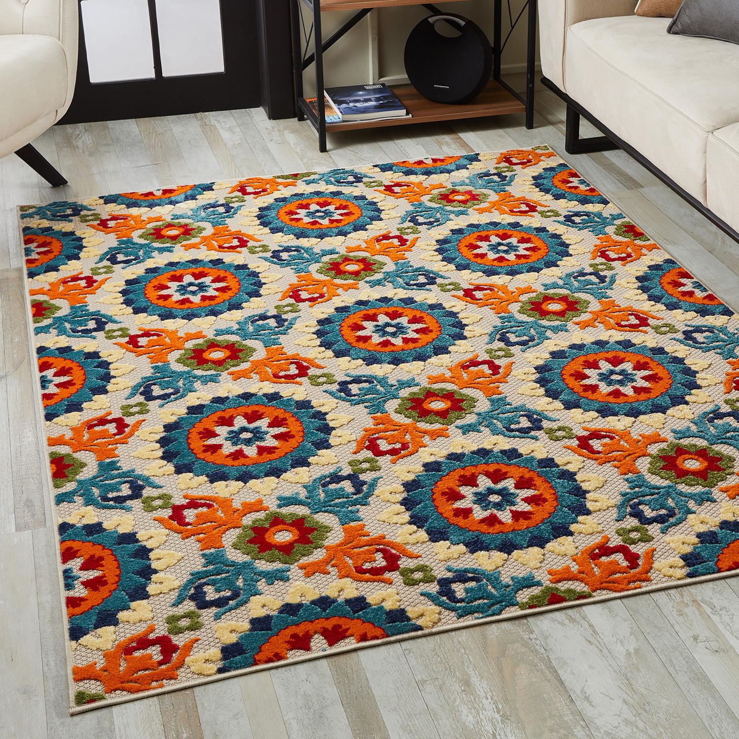 2’ x 4’ Orange Floral Lattice Indoor Outdoor Area Rug