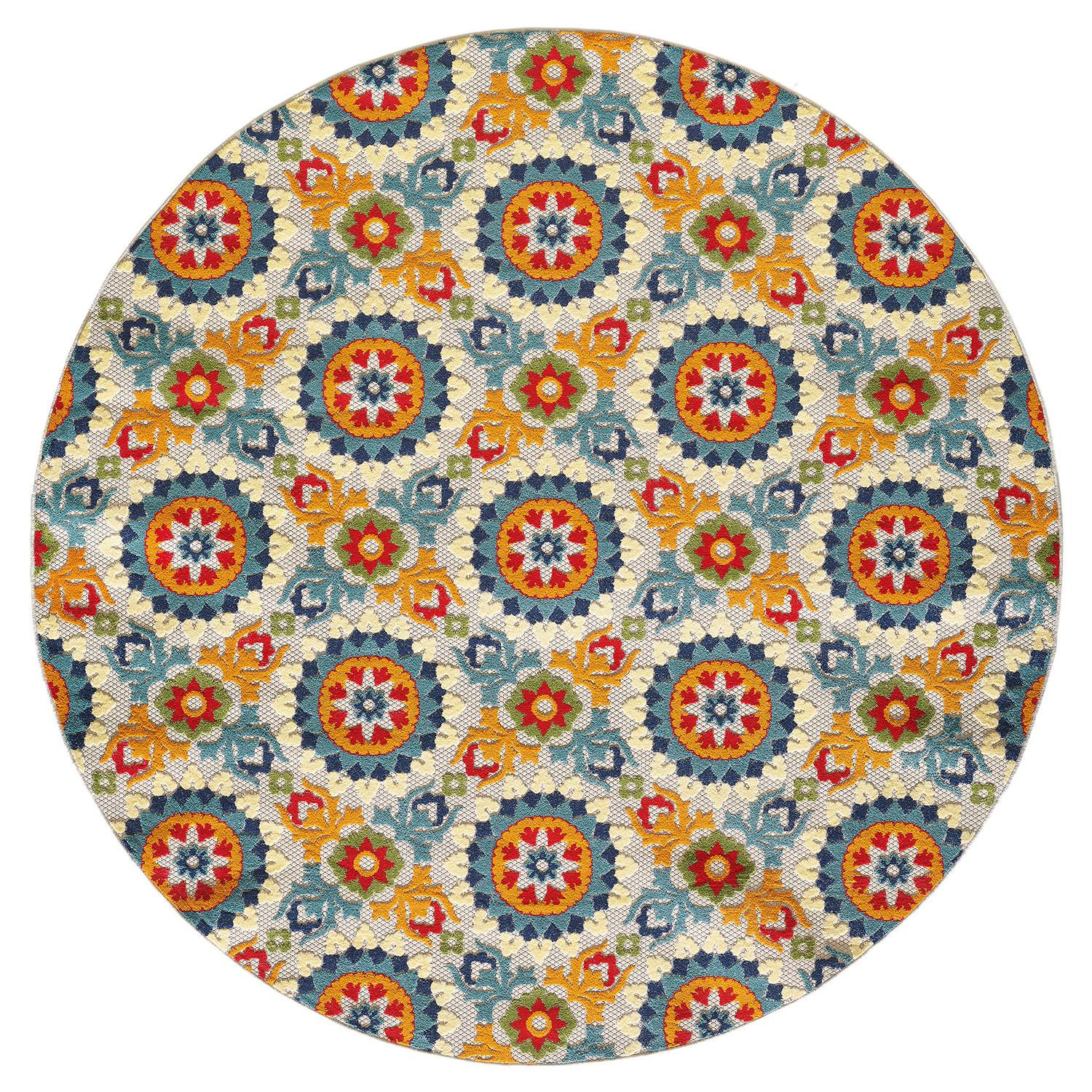 8’ Round Orange Floral Lattice Indoor Outdoor Area Rug