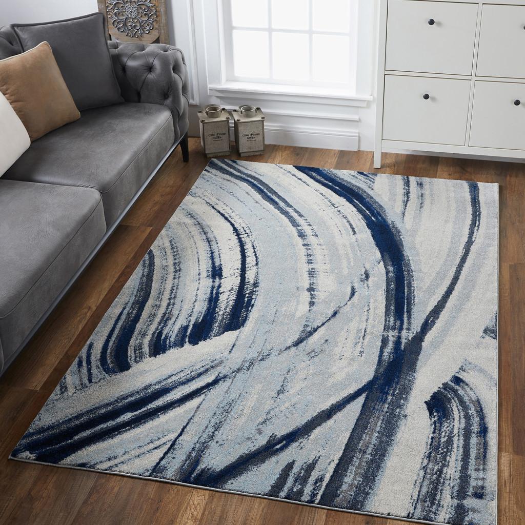 8’ x 11’ Navy Ivory Abstract Strokes Modern Area Rug