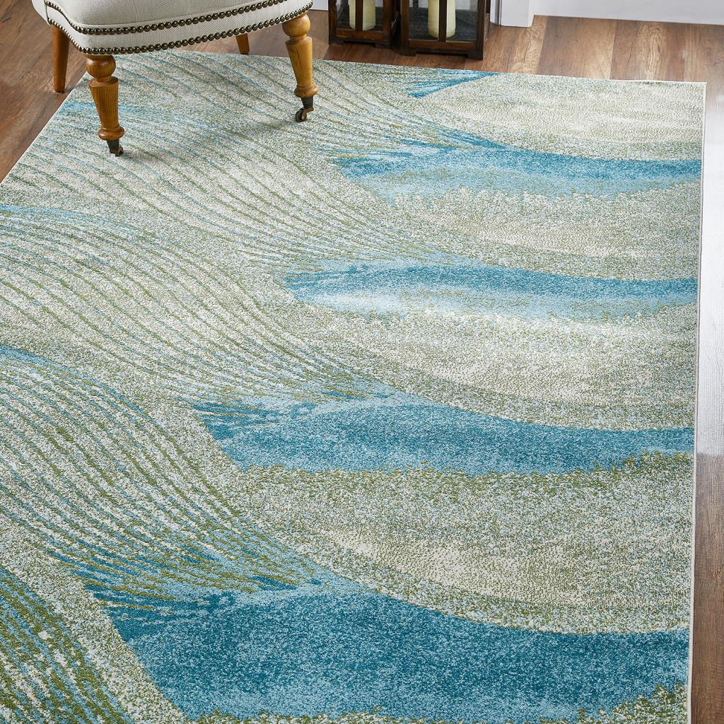 7’ x 10’ Blue Beige Abstract Waves Modern Area Rug