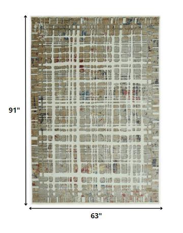 5’ x 8’ Ivory Khaki Distressed Plaid Area Rug