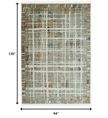 8’ x 11’ Ivory Khaki Distressed Plaid Area Rug