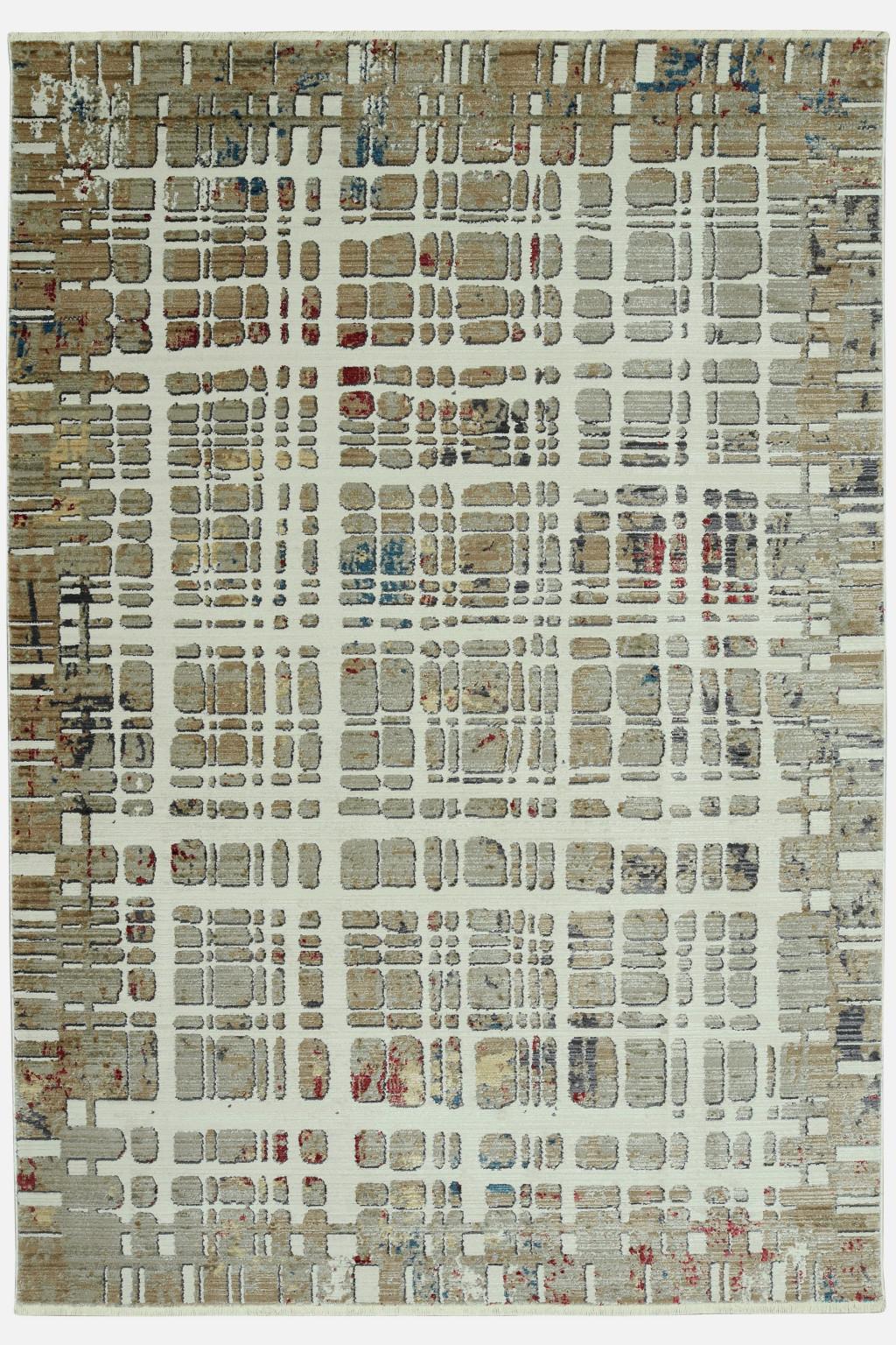 9’ x 13’ Ivory Khaki Distressed Plaid Area Rug