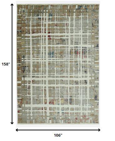 9’ x 13’ Ivory Khaki Distressed Plaid Area Rug