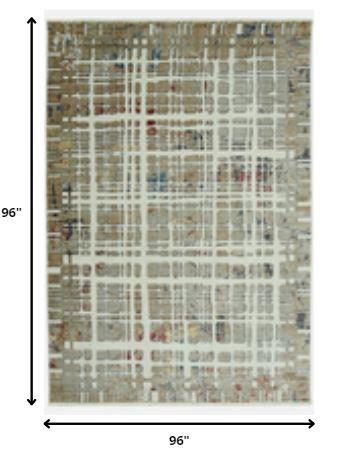 8’ Round Ivory Khaki Distressed Plaid Area Rug