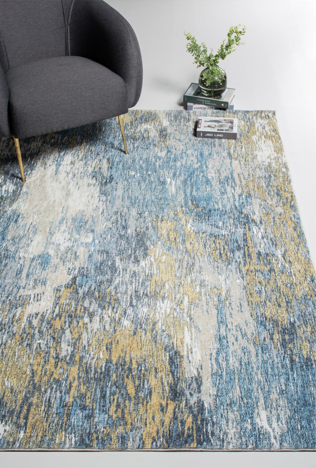 6’ x 9’ Blue Gold Abstract Painting Modern Area Rug