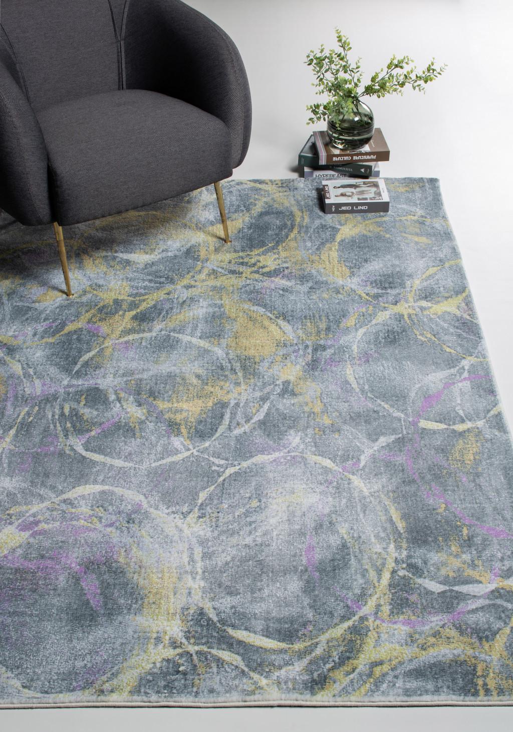 2’ x 7’ Gray Gold Abstract Rings Runner Rug