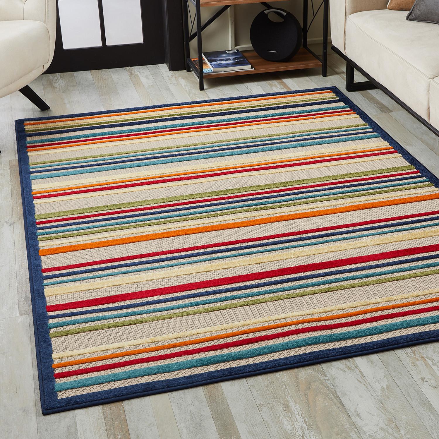 2’ x 4’ Navy Colorful Striped Indoor Outdoor Area Rug Default Title
