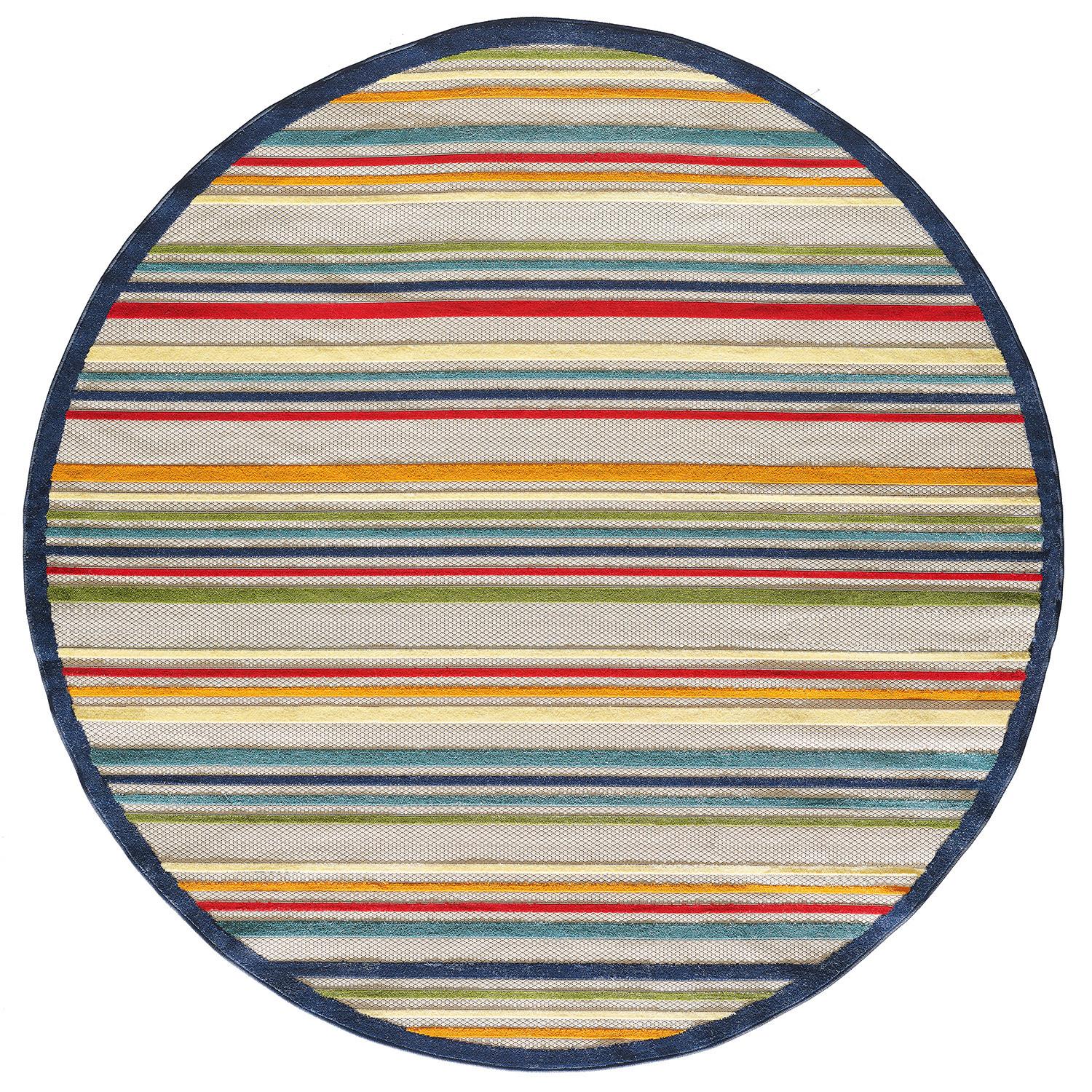 8’ Round Navy Colorful Striped Indoor Outdoor Area Rug Default Title