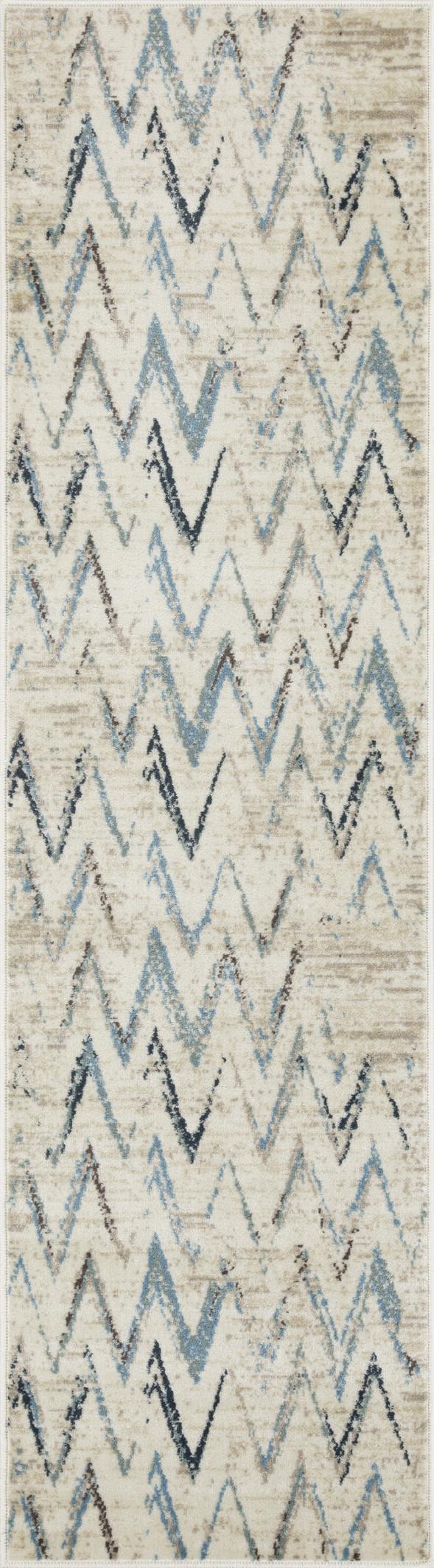 2’ x 8’ Beige Blue Distressed Chevron Runner Rug