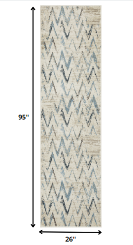 2’ x 8’ Beige Blue Distressed Chevron Runner Rug