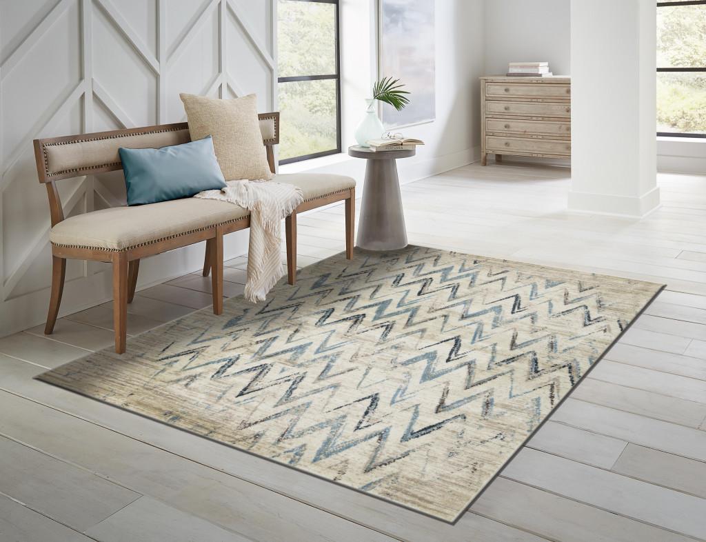 3’ x 5’ Beige Blue Distressed Chevron Area Rug
