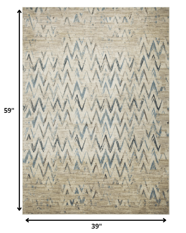 3’ x 5’ Beige Blue Distressed Chevron Area Rug