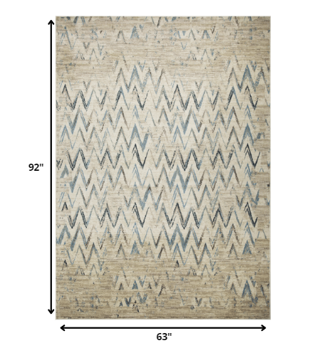 5’ x 8’ Beige Blue Distressed Chevron Area Rug