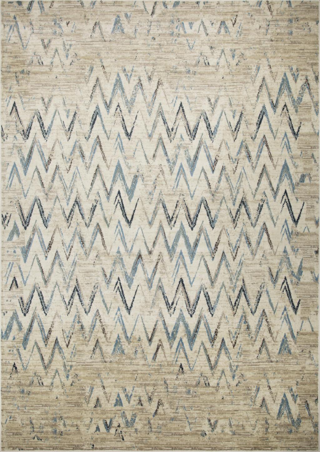8’ x 11’ Beige Blue Distressed Chevron Area Rug