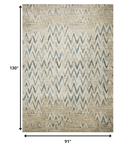 8’ x 11’ Beige Blue Distressed Chevron Area Rug