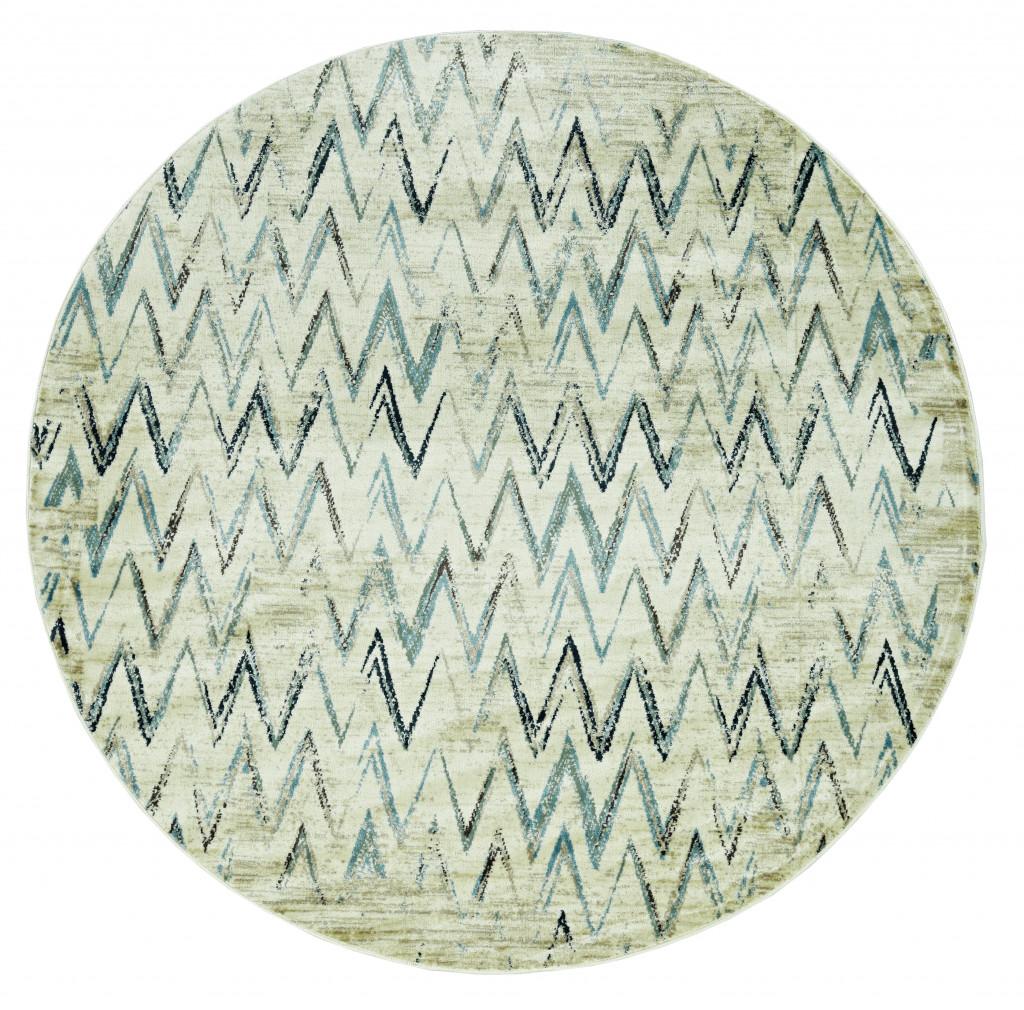 8’ Round Beige Blue Distressed Chevron Area Rug