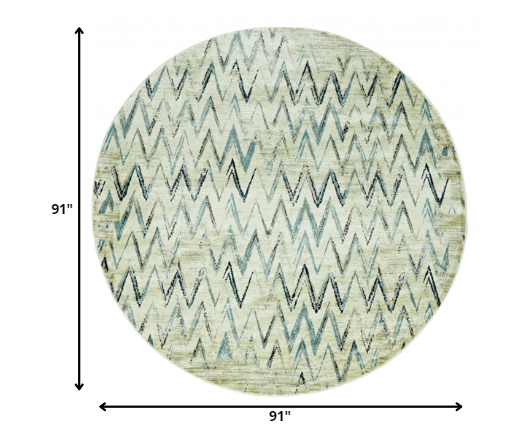 8’ Round Beige Blue Distressed Chevron Area Rug Default Title