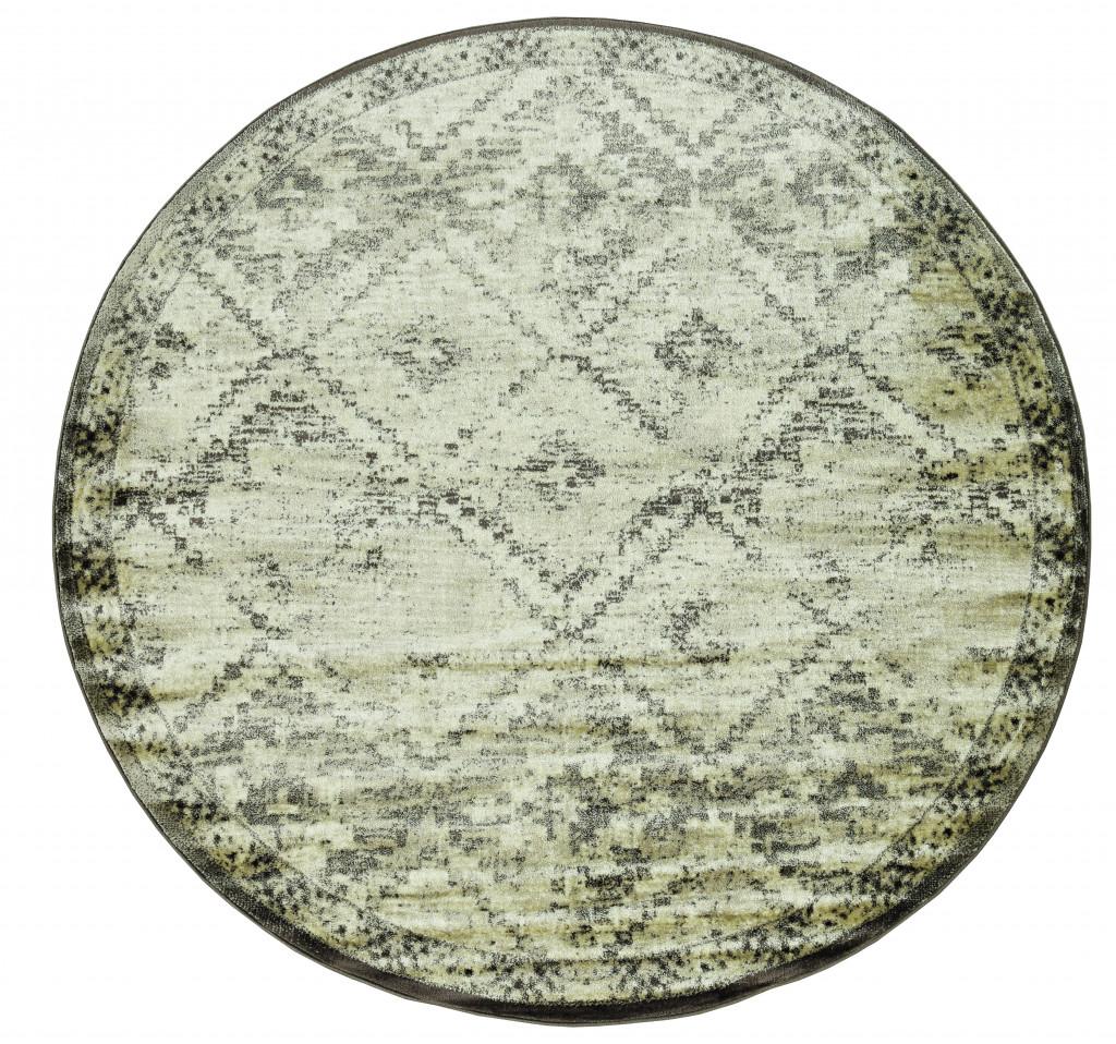 8’ Round Gray Beige Distressed Diamond Area Rug