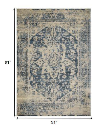 8’ Round Beige Blue Distressed Medallion Area Rug