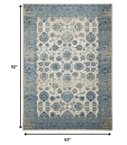 5’ x 8’ Blue Ivory Distressed Oriental Area Rug