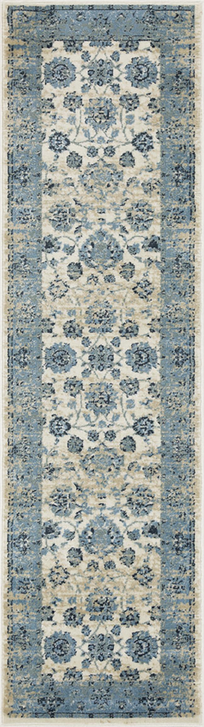 8’ Round Blue Ivory Distressed Oriental Area Rug