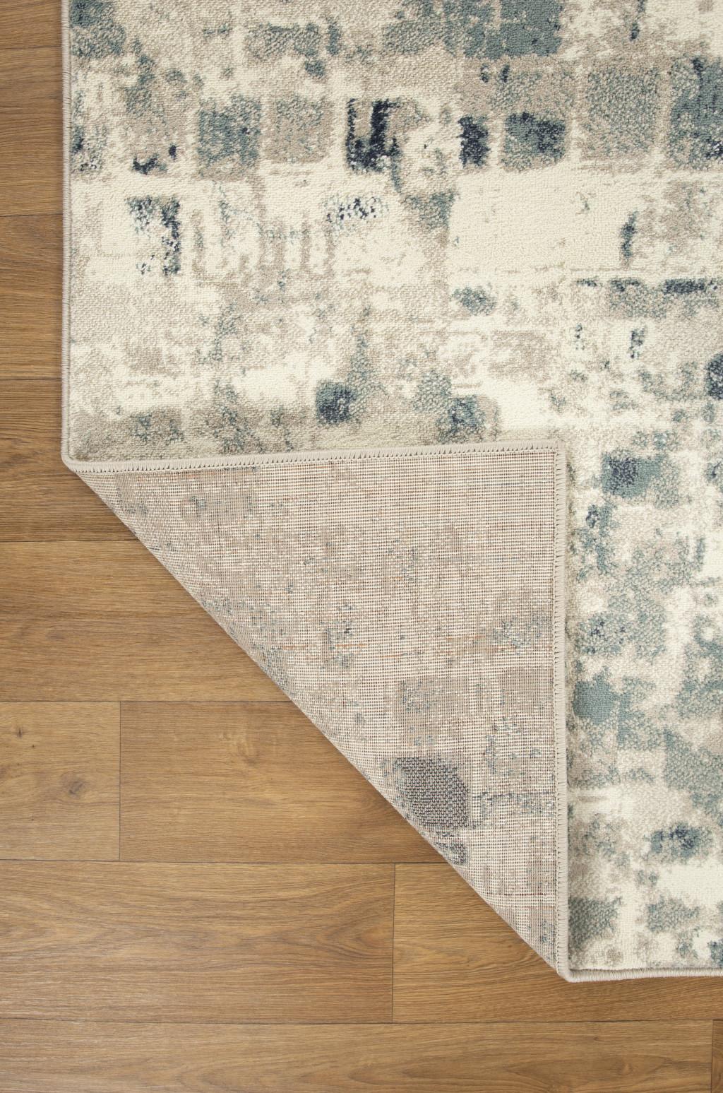 2’ x 8’ Beige Blue Abstract Tiles Distressed Runner Rug