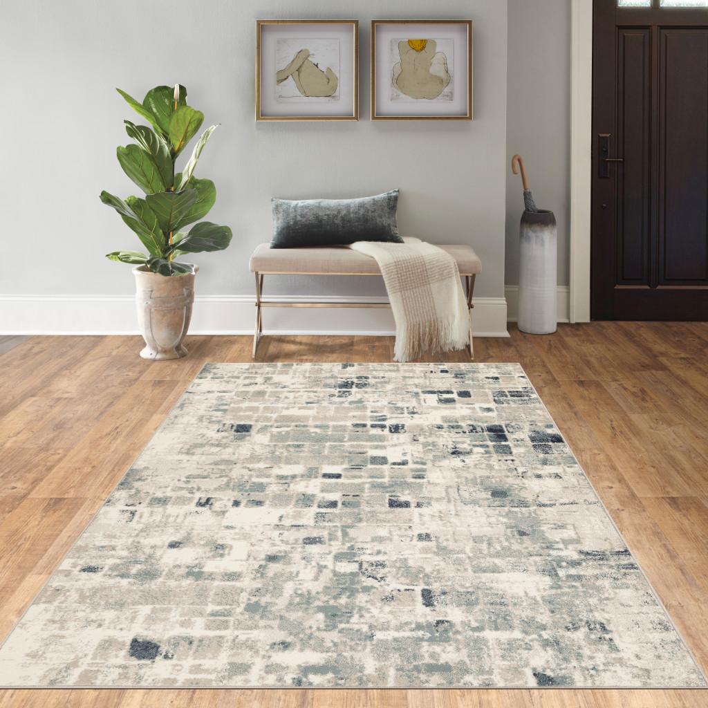 2’ x 8’ Beige Blue Abstract Tiles Distressed Runner Rug