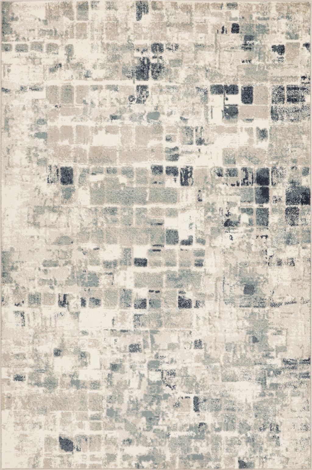 3’ x 5’ Beige Blue Abstract Tiles Distressed Area Rug Default Title