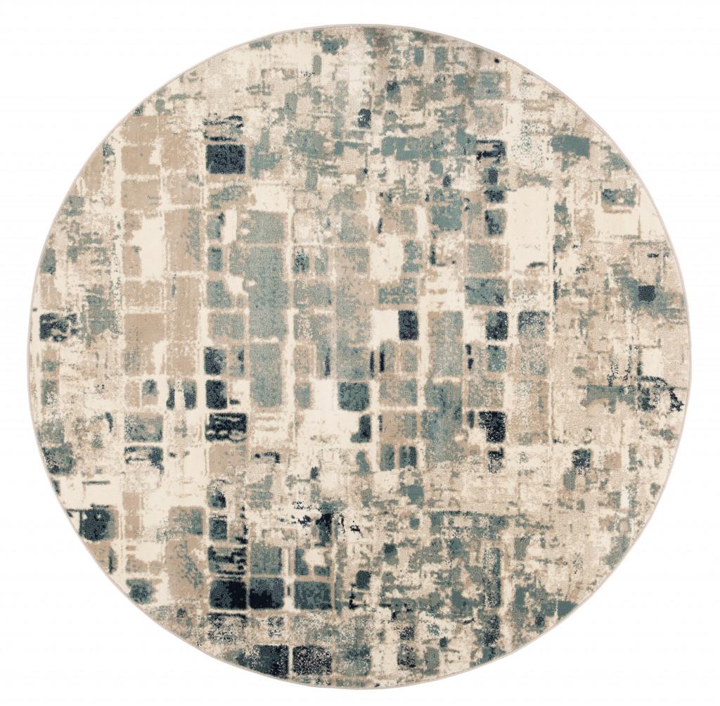 8’ Round Beige Blue Abstract Tiles Distressed Area Rug Default Title