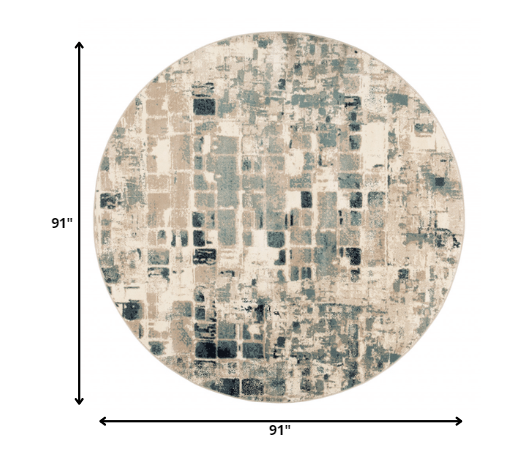 8’ Round Beige Blue Abstract Tiles Distressed Area Rug