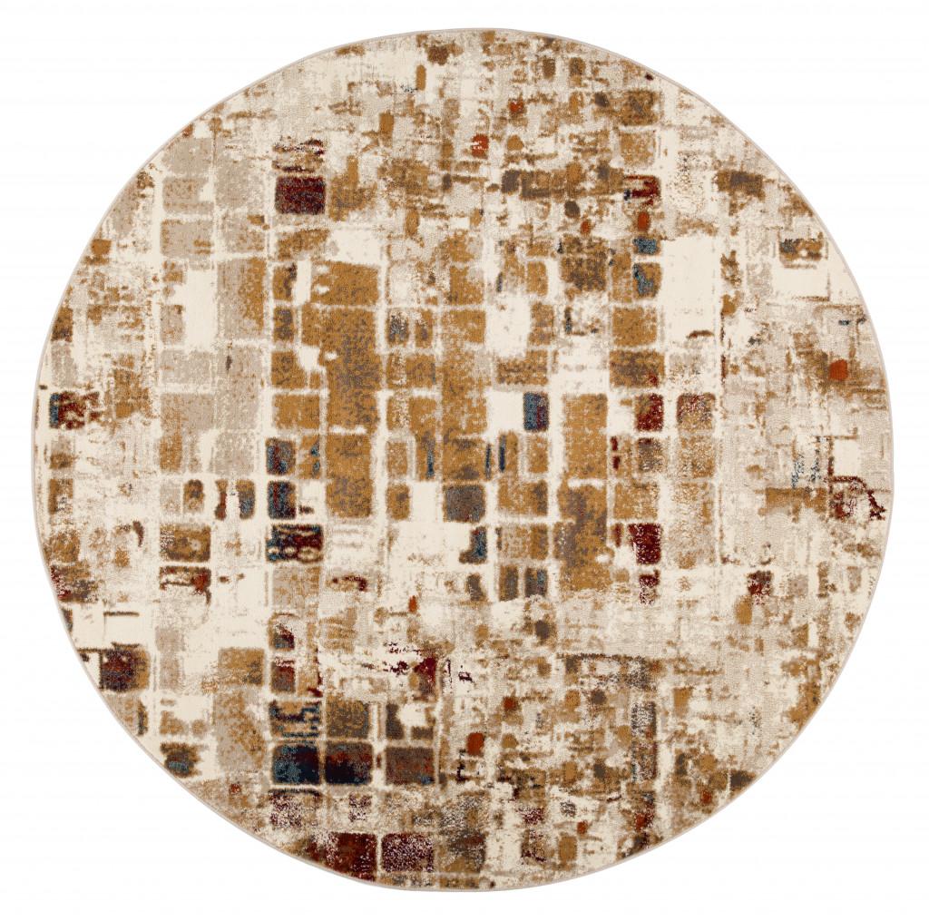 8’ Round Brown Beige Abstract Tiles Distressed Area Rug Default Title