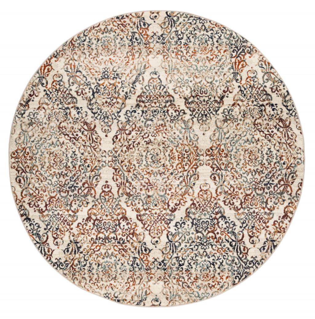 8’ Round Ivory Brown Decorative Diamond Area Rug Default Title